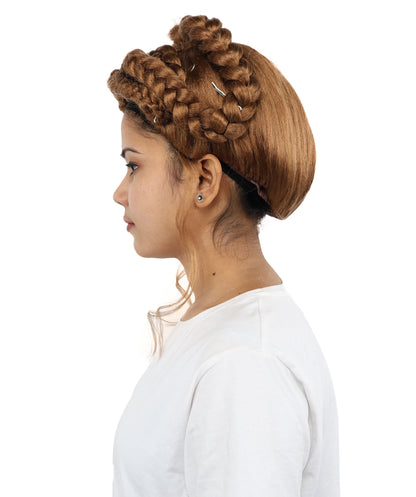 HPO Women's Victorian-Inspired Curly Brown Wig | Long Voluminous Curls with Soft Bangs | Cosplay, Halloween, Parties, Stage & Roleplay