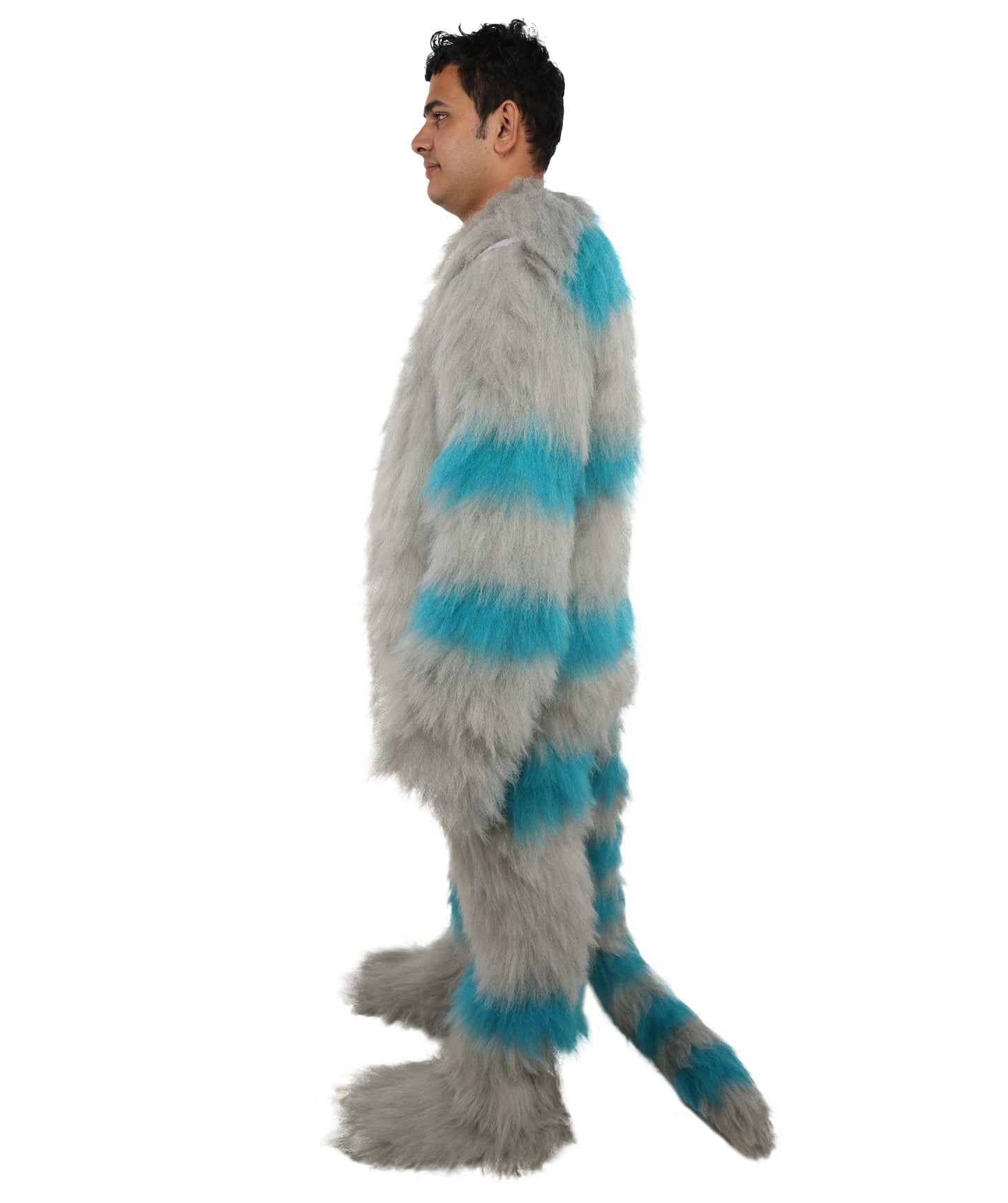 HPO Unisex Cat Mascot Aqua Blue & Ash Grey Animal Costume Bundle & Mask Set with Cap & Cloth – Striped Cartoon Character Body Suit | Outfit for Cosplay & Parties