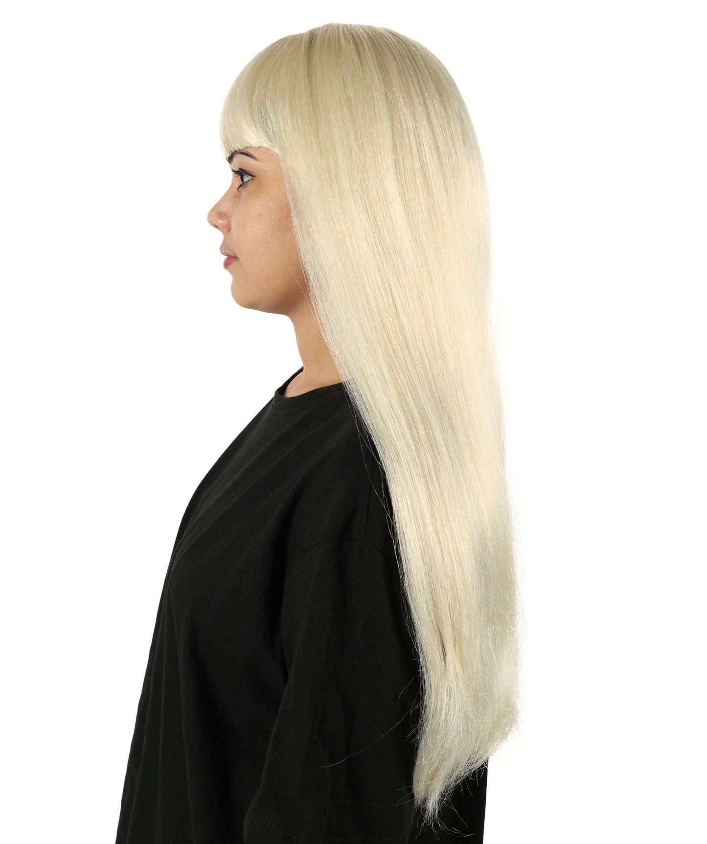 HPO Women’s Long Straight Black Wig with Bangs | Flame-retardant Synthetic Fiber | Classic Retro-Inspired Costume Hairpiece