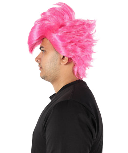 HPO Men’s Short Spiky Pink Wig | Anime-Inspired Voluminous Hairstyle | Adjustable Fit for Stage, Parties & Roleplay