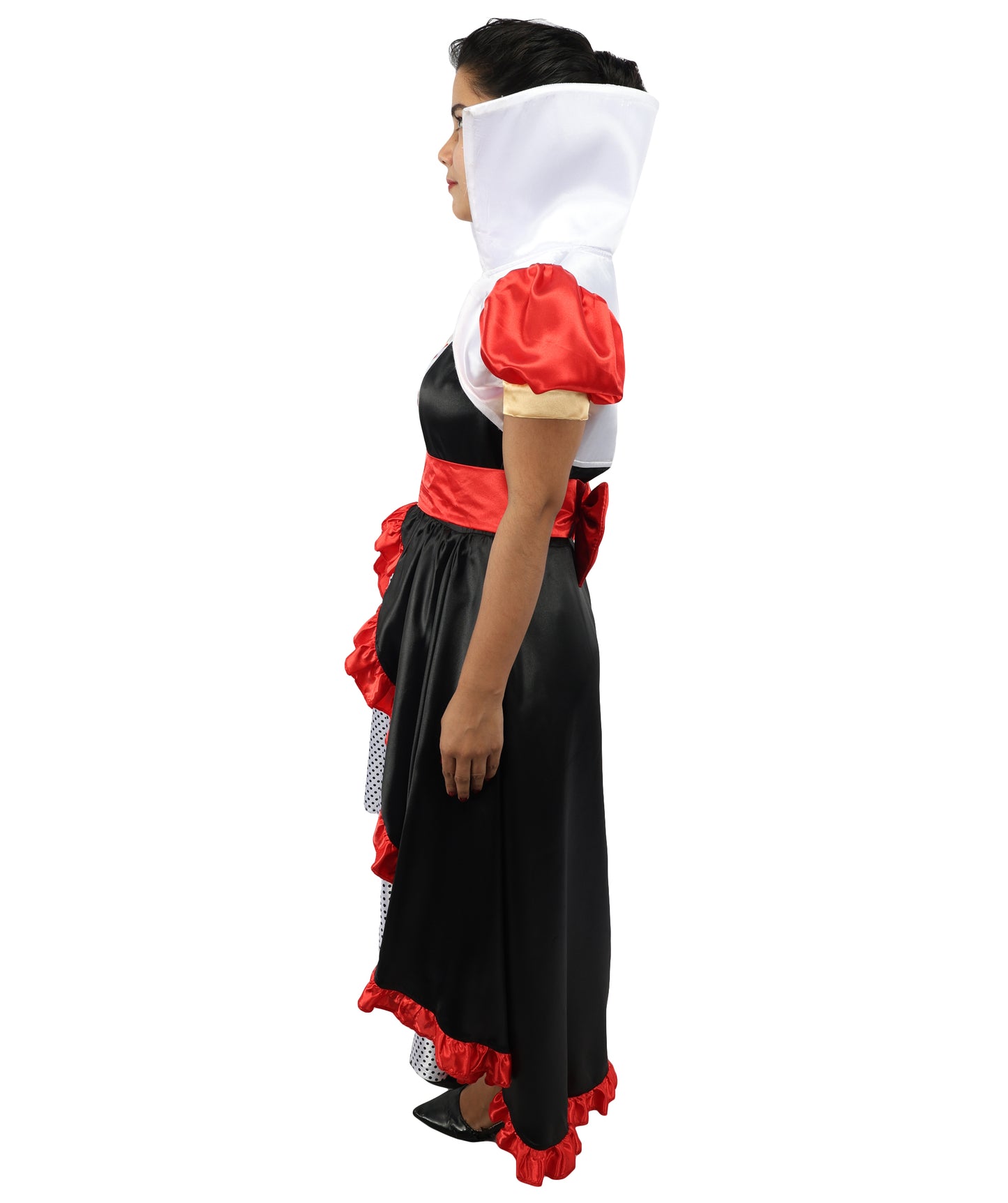 HPO Women’s Flirty Queen of Hearts Costume | Red, Black & White Dress with Crown Headband | Halloween, Cosplay, Stage Performances & Parties
