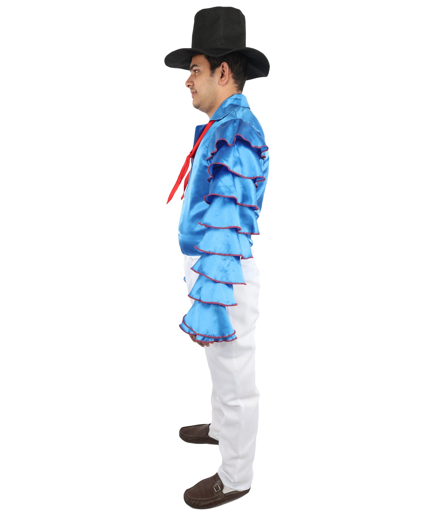 HPO Men's Rhythmic Multicolor Uniform Costume | Tiered Ruffle Satin Sleeves with Contrast Neck Tie and White Trousers | Ideal for Cosplay, Halloween, Drag, and Latin Dance Performance Events