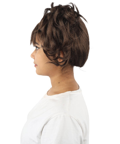 HPO Adult Women’s Messy Twin Bun Wig with Graphic Bangs | Multiple Color Options | Edgy Wig for Cosplay, Fashion Events, Halloween & Stage Wear | Adjustable Cap, Lightweight Synthetic Fiber