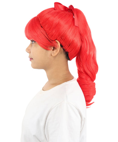 HPO Women's Spiral Ponytail Wig | Multicolor Options | High Updo with Red Ribbon Bow & Bangs, Heat Friendly Synthetic Fiber & Breathable Cap | Halloween, Christmas Event, Themed Party, Theater & Roleplay