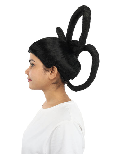 HPO Women's Black Double Loop Buns Wig | Synthetic Updo Hairstyle with Adjustable Cap for Cosplay, Festivals, Stage Performances,  Parties & Photoshoots