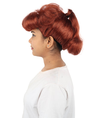 HPO Women's Retro Pin-Up Auburn Wig | Copper red tone, create of synthetic fiber, vintage curled bumper bangs with rolled back, breathable base | Party, Halloween, theater, drag, performance, costume events