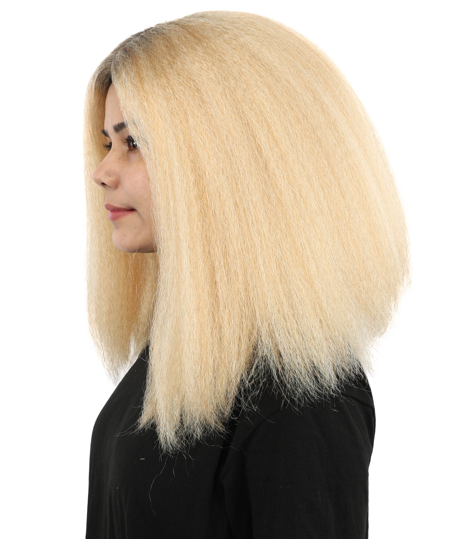HPO Women's Long Rounded Cartoon Hair Wig | Black & Blonde Bubble Bob, Deep Side Part, Heat Friendly Synthetic Strands & Breathable Net | Fancy Dress, Stage Show, Animated Character Events, Halloween & Festival