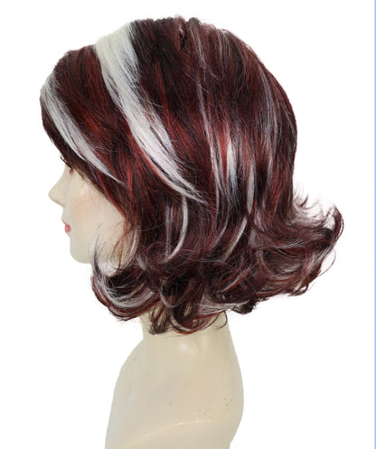 HPO Adult Women’s 90’s Inspired Burgundy & Mocha Short Layered Wig with Chic Highlights | Retro Glam Hairpiece | Ideal for Halloween | Breathable Capless Cap