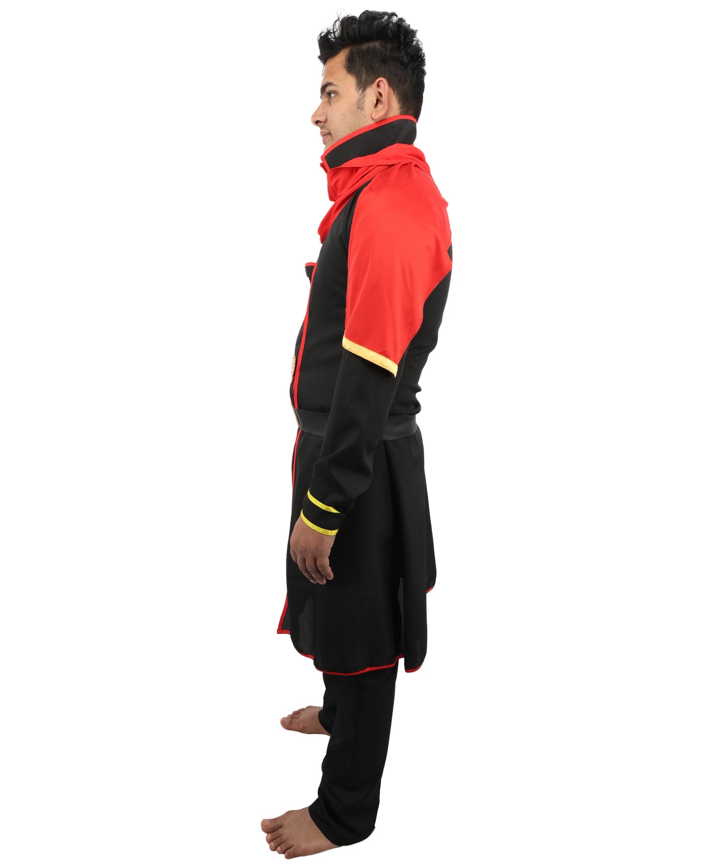 HPO Men's Anime Fantasy Adventurer Costume | Red & Black satin construction featuring a main dress, pant, and belt | Ideal for party, Halloween, cosplay, theater, drag, performance, costume events