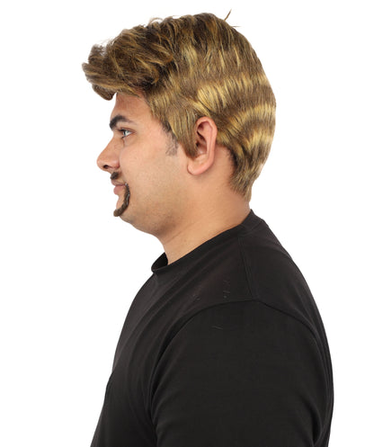 HPO Men's Detective Side-Part Wig Beard & Mustache | Sandy brown with golden highlights, create of synthetic fiber, sleek swept-side volume, breathable capless cap |