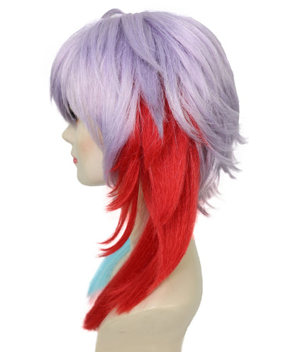 HPO Adult Women’s Anime-Inspired Gradient Cosplay Wig | Two-Tone Red & Blue Ombre Tips with Layered Silver Base | Ideal for Halloween and Cosplay