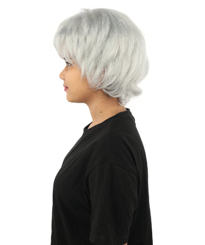 HPO Adult Women's Short Silver White Pixie Wig  | Edgy Layered Cut with Bangs | Synthetic Hair Wig for Stage Fashion, Cosplay, Halloween & Bold Party Looks