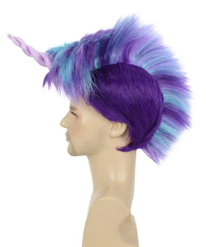 HPO Men's Fairytale Purple & Blue Spiky Wig with Horn I Unicorn Halloween Wig I Flame-retardant Synthetic Fiber