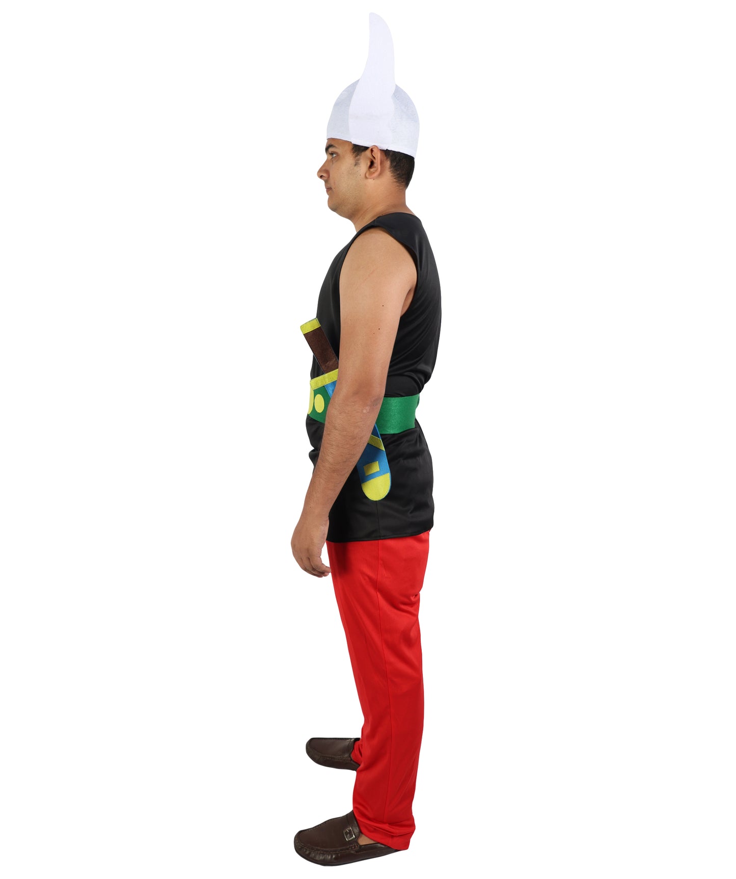 HPO Men's Gaulish Warrior Multicolor Costume | Sleeveless Black Vest Top Bright Red Trousers Winged Helmet Novelty | Halloween Cosplay Theater Drag Performance Costume Events