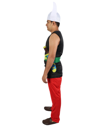 HPO Men's Gaulish Warrior Multicolor Costume | Sleeveless Black Vest Top Bright Red Trousers Winged Helmet Novelty | Halloween Cosplay Theater Drag Performance Costume Events
