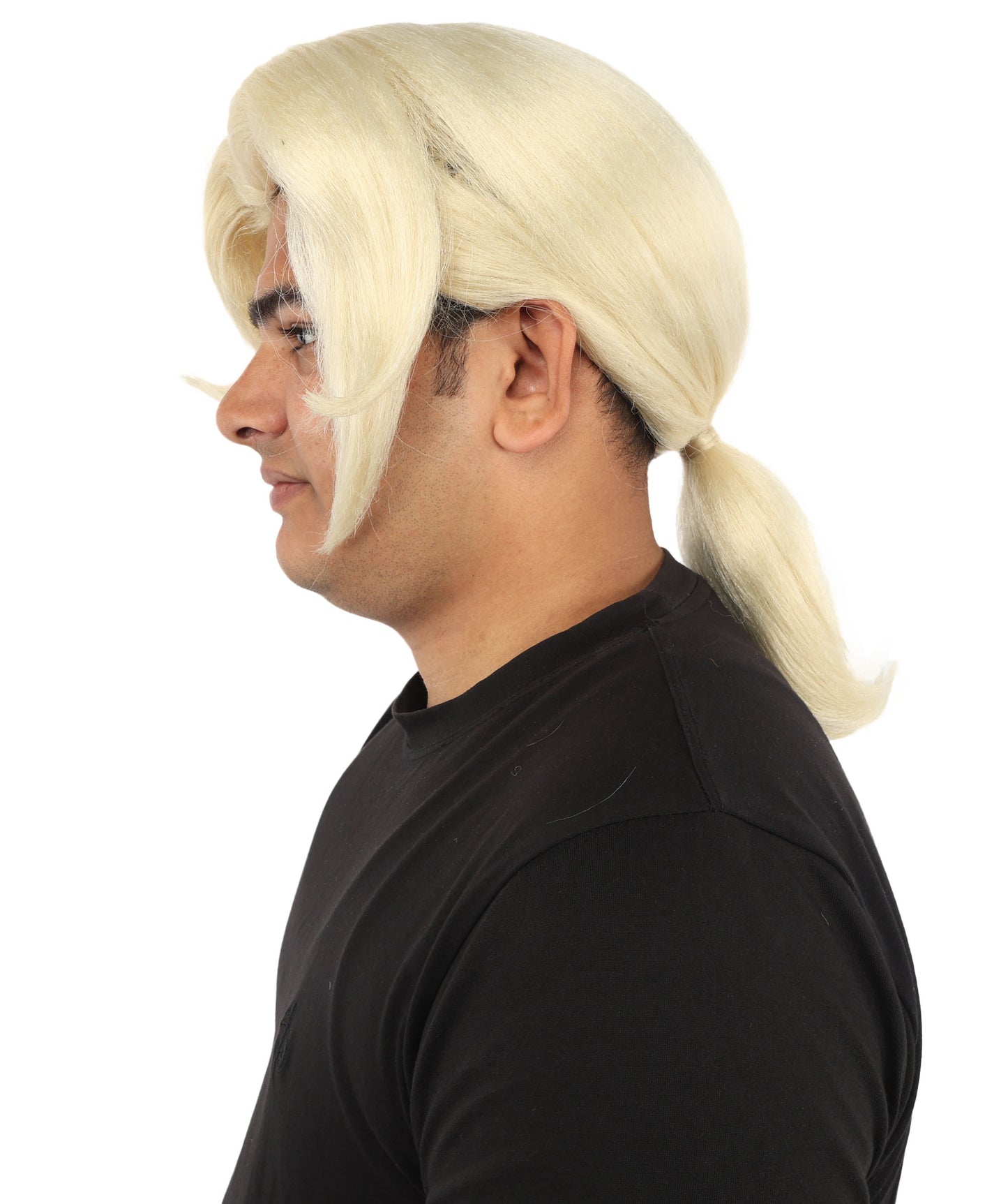 HPO Men's Golden Blonde Curtain Bang Wig | Shoulder Length Wavy Surfer Style, Heat Resistant Synthetic Fiber & Breathable Net | Halloween, Funny Roleplay, Theater, 90s Party & Costume Events