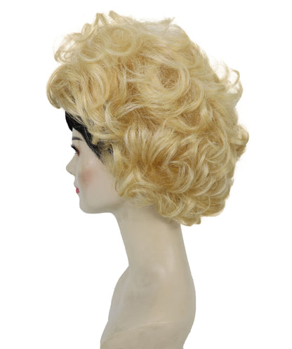 HPO Adult Women’s Golden Blonde Curly Wig with Dark Roots | High-Fashion Editorial Style | Ideal for Halloween | Breathable Capless Cap