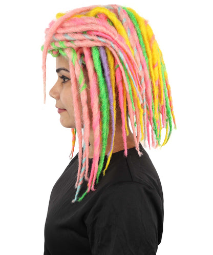 Women's Neon Cyber Goth Wool Dreadlock Wig | UV Reactive Multicolor Braids | Festival Rave Hairpiece, Halloween Costume and Club Wear Accessory