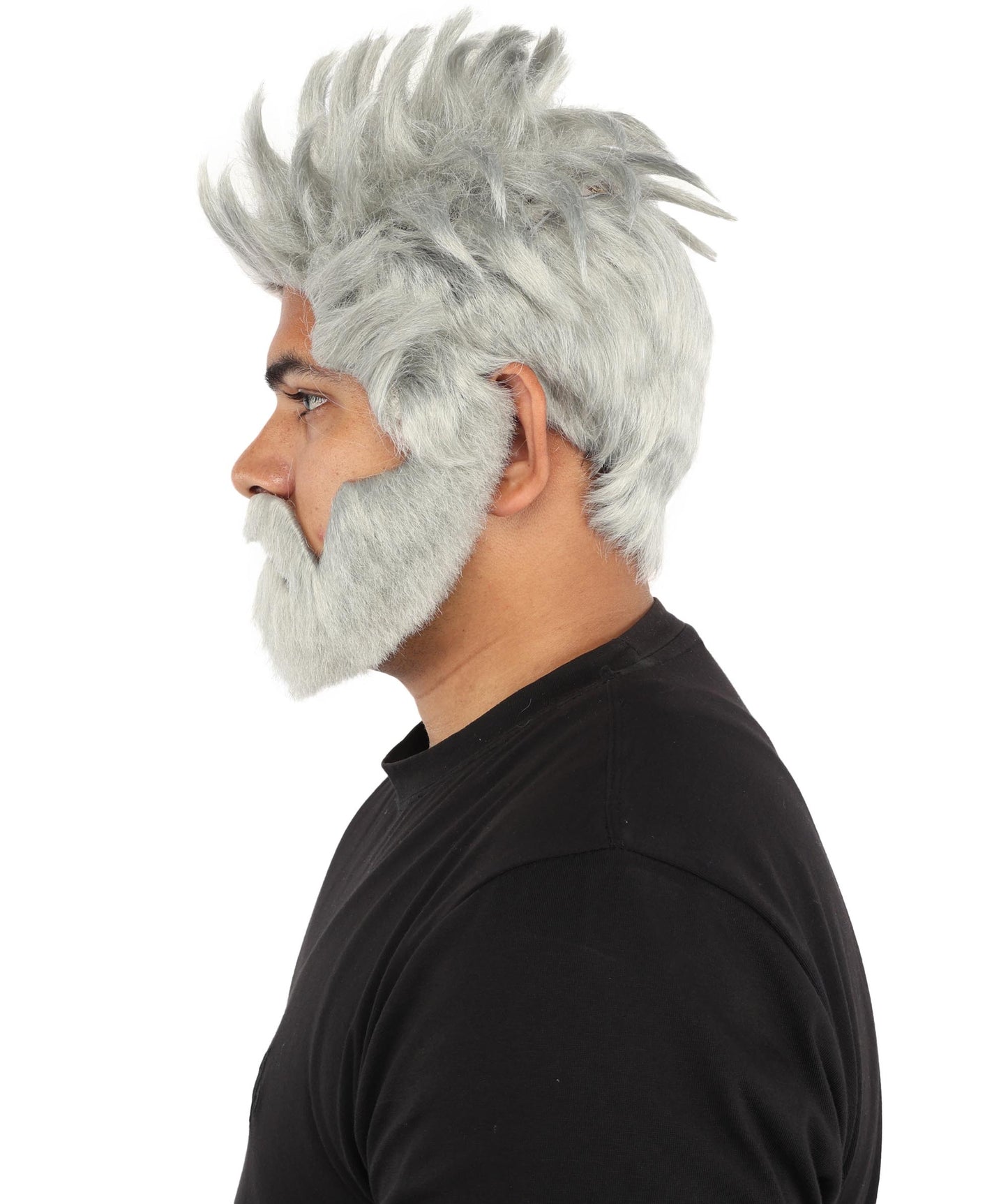 HPO Men’s Animated Genius Spiky Wig Beard & Mustache Set  – Wild Mad Scientist Pointed Beard & Curled Mustache Combo | Ideal for Animated Cosplay, Halloween Parties & Events