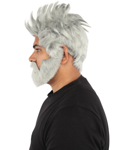 HPO Men’s Animated Genius Spiky Wig Beard & Mustache Set  – Wild Mad Scientist Pointed Beard & Curled Mustache Combo | Ideal for Animated Cosplay, Halloween Parties & Events