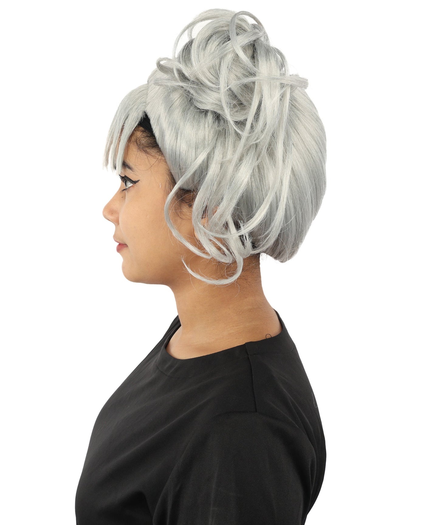 HPO Adult Women’s Messy Twin Bun Wig with Graphic Bangs | Multiple Color Options | Edgy Wig for Cosplay, Fashion Events, Halloween & Stage Wear | Adjustable Cap, Lightweight Synthetic Fiber