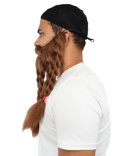 HPO Men's Warrior Beard &Mustache Accessory | Long Brown Synthetic Beard with Mustache Set | Medieval Fantasy Roleplay Look