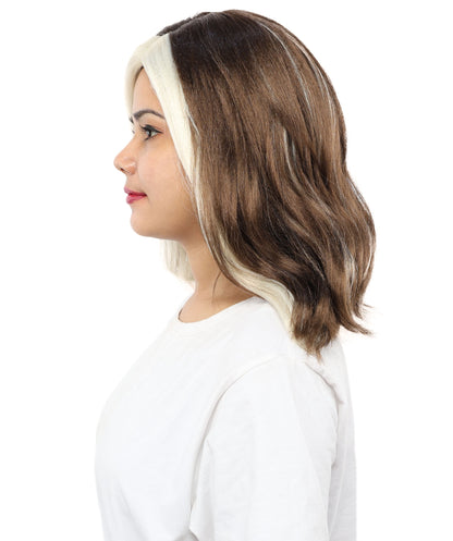 HPO Women’s Brown and White Bang Wig Front Streak | Mid-Length Executive Style | Ideal for Costume Parties, Cosplay, & Halloween Performances
