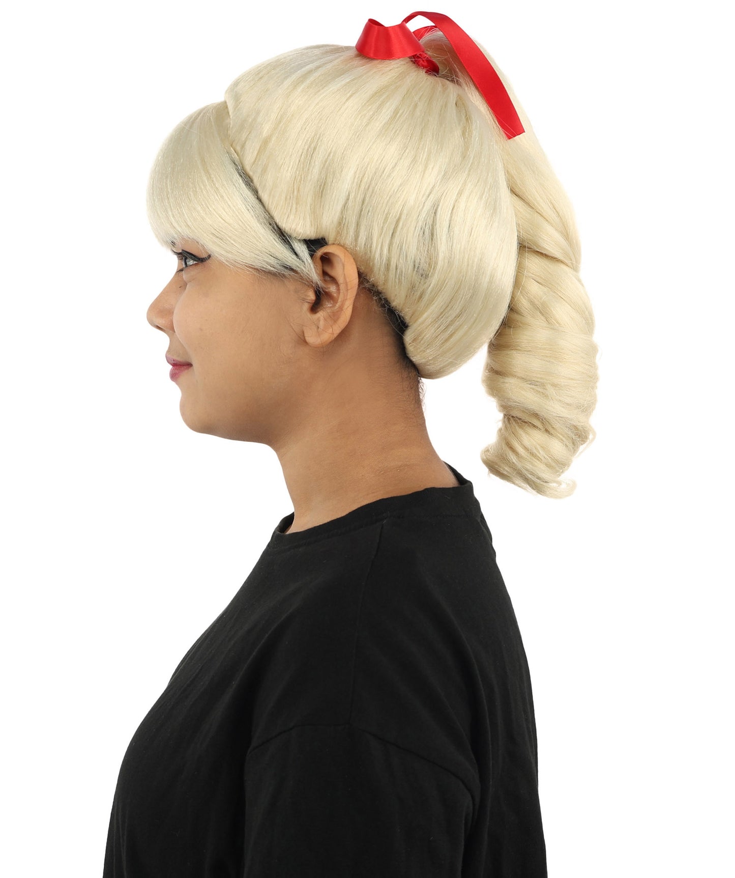 HPO Women's Spiral Ponytail Wig | Multicolor Options | High Updo with Red Ribbon Bow & Bangs, Heat Friendly Synthetic Fiber & Breathable Cap | Halloween, Christmas Event, Themed Party, Theater & Roleplay