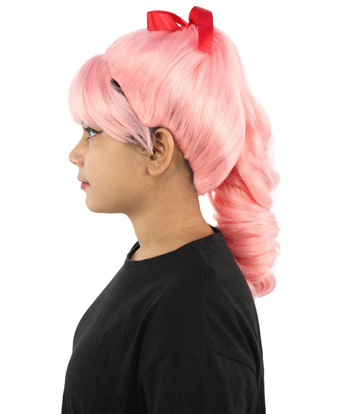 HPO Women's Spiral Ponytail Wig | Multicolor Options | High Updo with Red Ribbon Bow & Bangs, Heat Friendly Synthetic Fiber & Breathable Cap | Halloween, Christmas Event, Themed Party, Theater & Roleplay