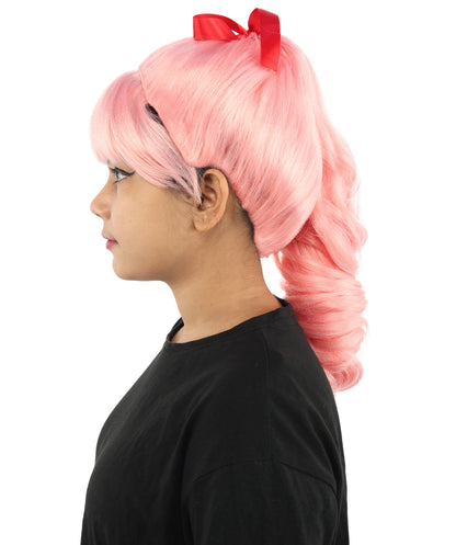 HPO Women's Spiral Ponytail Wig | Multicolor Options | High Updo with Red Ribbon Bow & Bangs, Heat Friendly Synthetic Fiber & Breathable Cap | Halloween, Christmas Event, Themed Party, Theater & Roleplay