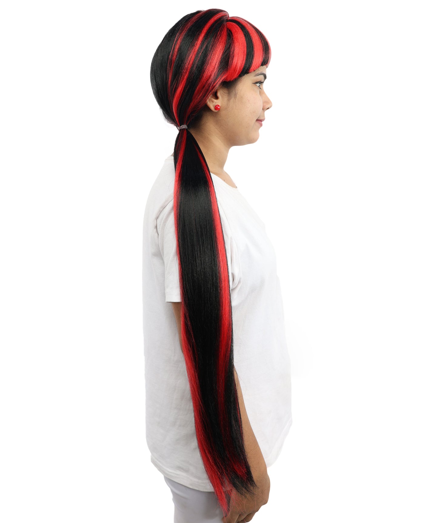 HPO Women's Gothic Harlequin Extra Long Wig | Heat Resistant Fiber Featuring Bold Crimson and Onyx Stripes with Curved Ends | Halloween Costume Events and Performance Art
