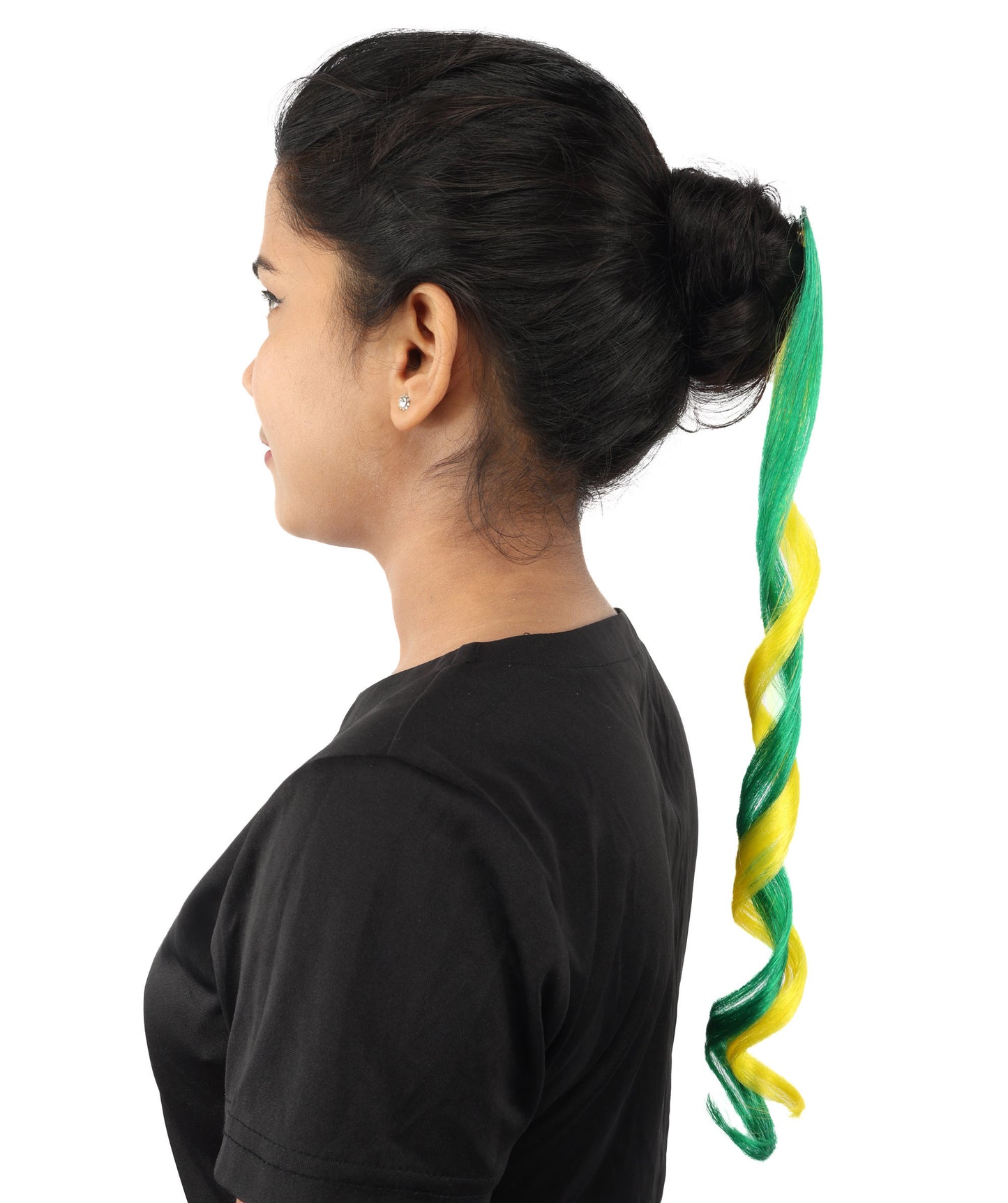 HPO Women's Brazil Flag Hair Extension | Coiled green and yellow synthetic fibers featuring a twisted attachment design | Ideal for party, Halloween, cosplay, theater, drag, performance, costume events