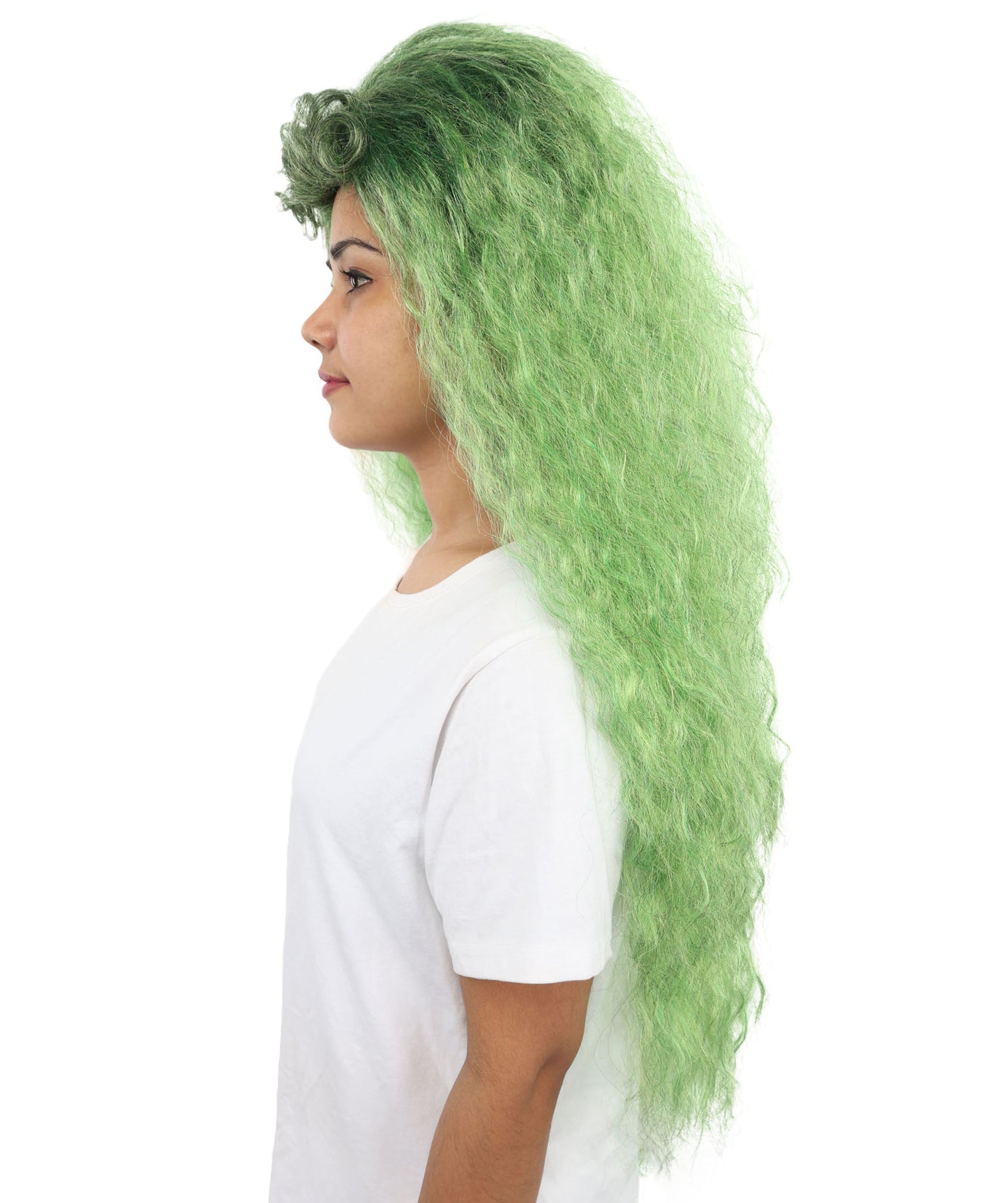 HPO Witch Wig for Women | Extra Long Curly  Hairpiece with Green & Black Blend | Adjustable Inner Cap for Halloween, Cosplay & Stage
