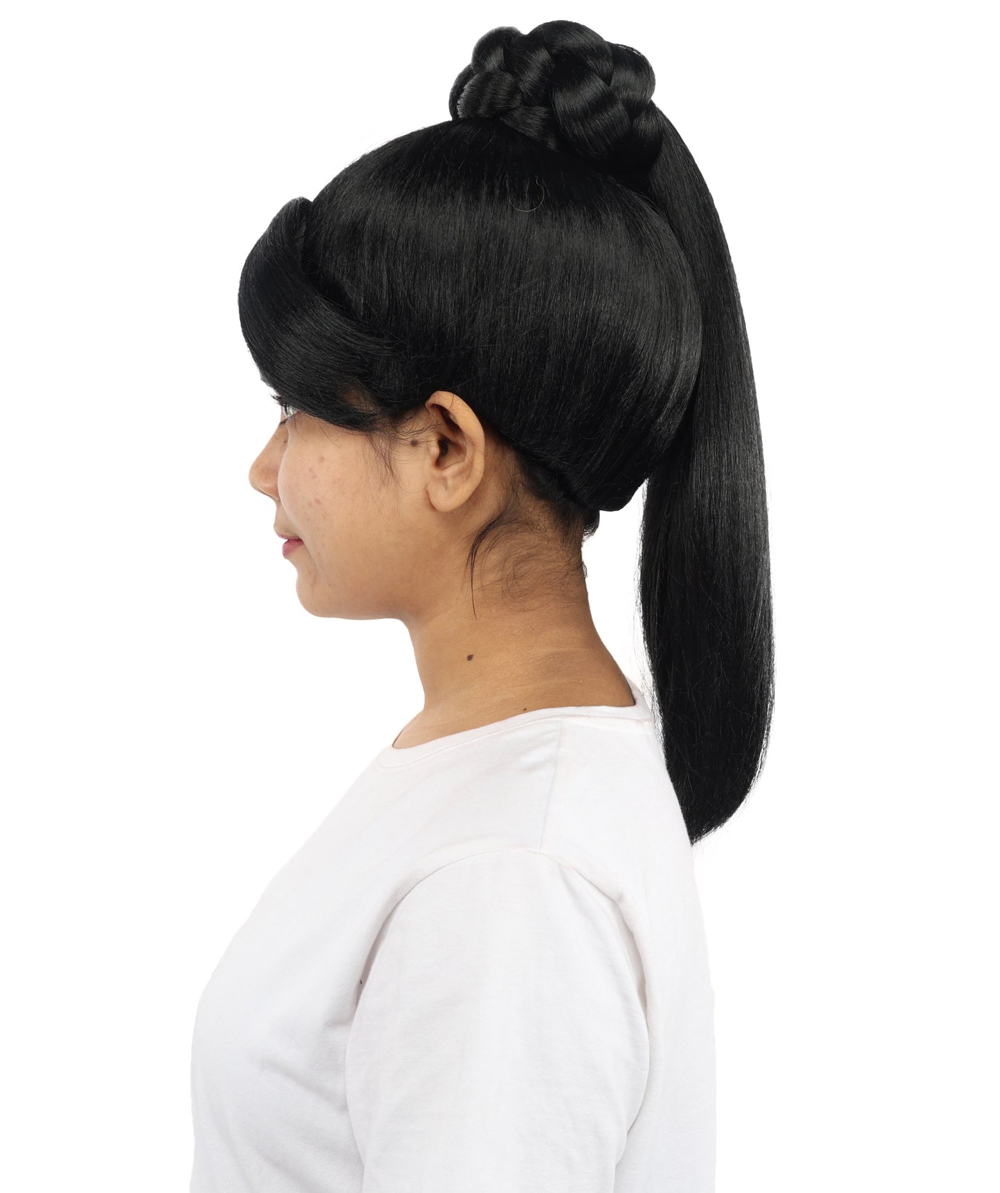 HPO Women's Warrior Bun Wig | Sleek Black Texture Intricate Top Knot 16 Inch Length | Party Halloween Cosplay Theater Drag Performance Costume Events