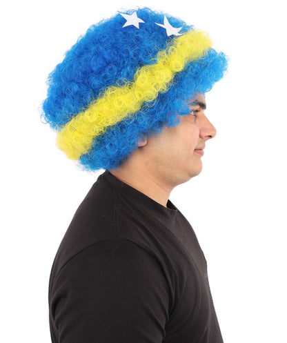 HPO Curacao Flag Afro Wig | 11 Inch Blue Yellow Stripe White Stars Design | Sports Event National Holiday Parade Soccer Match Fan Gear