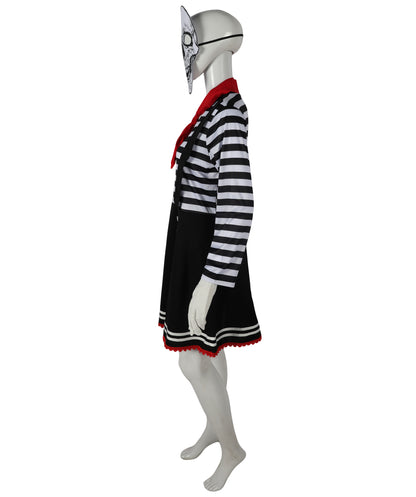 HPO Adult Women Mime Costume for Women | Black & White Striped Dress with Mask, Gloves & Tie Dress | Parisian Street Performer Outfit for Halloween, Cosplay & Theater