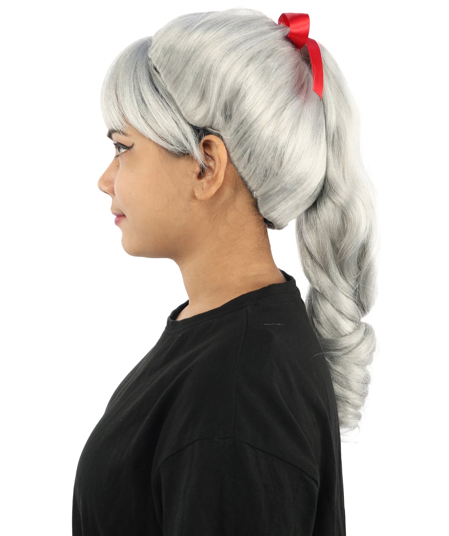 HPO Women's Spiral Ponytail Wig | Multicolor Options | High Updo with Red Ribbon Bow & Bangs, Heat Friendly Synthetic Fiber & Breathable Cap | Halloween, Christmas Event, Themed Party, Theater & Roleplay