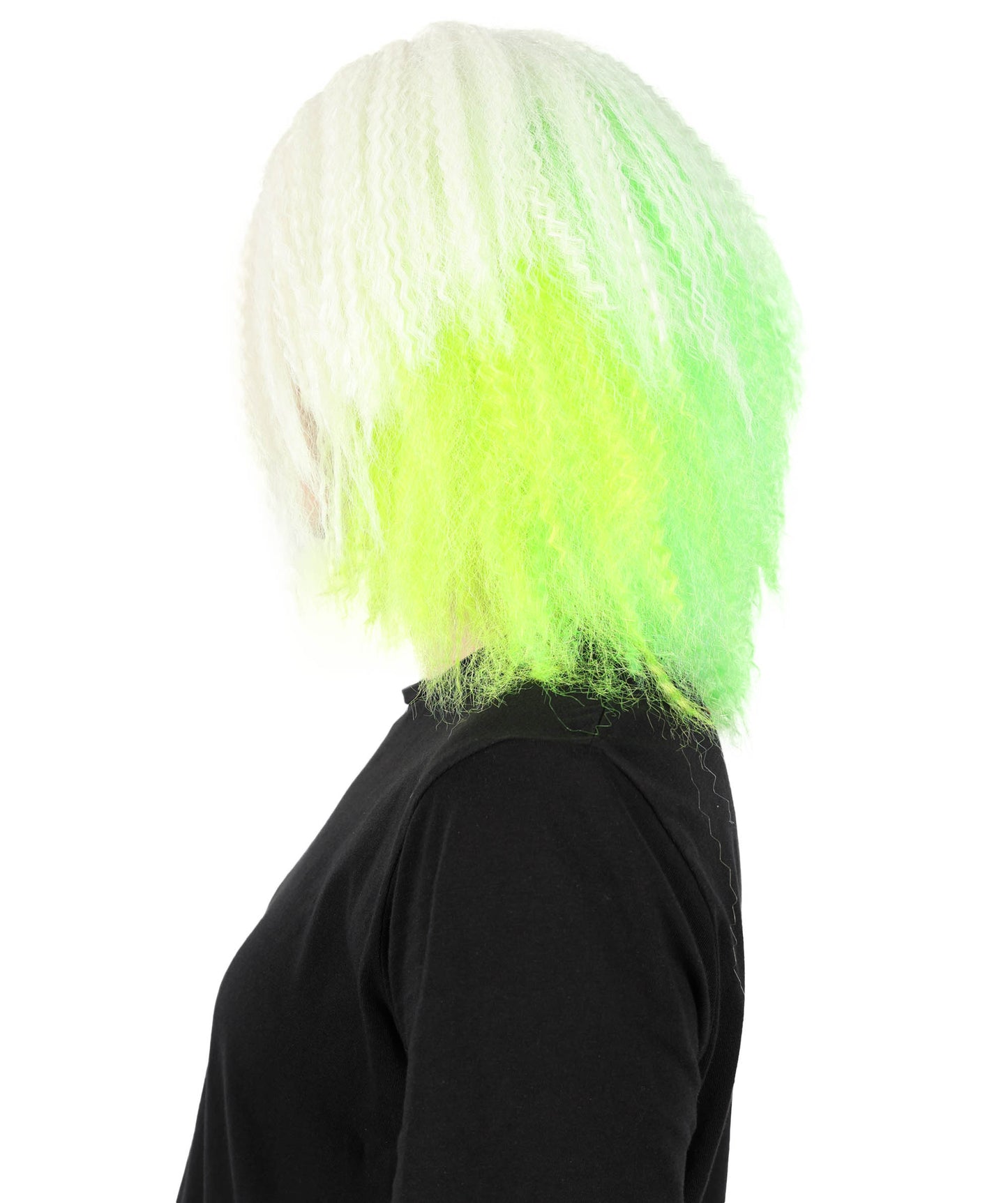 HPO Women’s Gothic Ghost-Inspired White and Neon Green Crimped Wig with Volume and Texture | Synthetic Hairpiece for Halloween, Cosplay & Themed Parties |Flame-retardant Synthetic Fiber