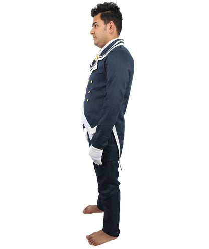 HPO Men's Noble Demon Duke Cosplay Navy Blue & White Suit | Includes Coat Pants Mock-Up Shirt Gloves | Crafted from Flame-retardant Synthetic Fabric | Adjustable Straps for Secure Fit