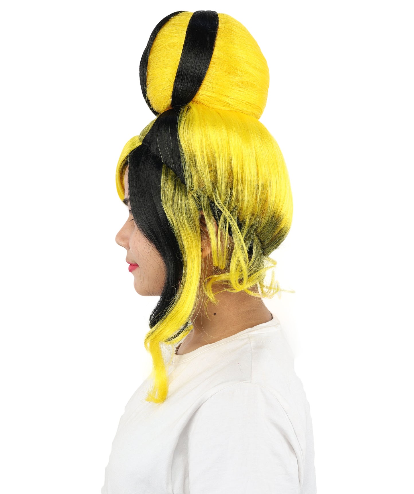 HPO Women's Two Tone High Bun Wig | Black and yellow synthetic fibers with tall structural top knot sweeping side bangs and capless base | Essential for theatrical stage drag performance costume events and party