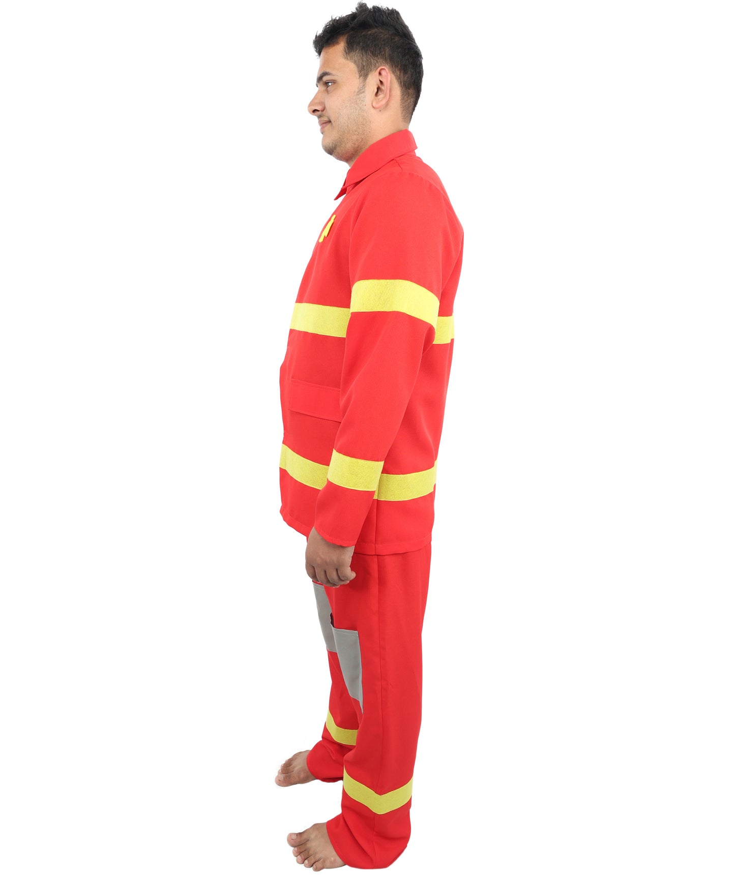 HPO Men’s Fire Rescue Style Red Costume | Halloween Emergency Theme Jacket and Trousers Set | Outfit Use for Parties & Events