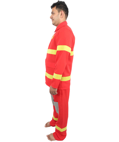 HPO Men’s Fire Rescue Style Red Costume | Halloween Emergency Theme Jacket and Trousers Set | Outfit Use for Parties & Events