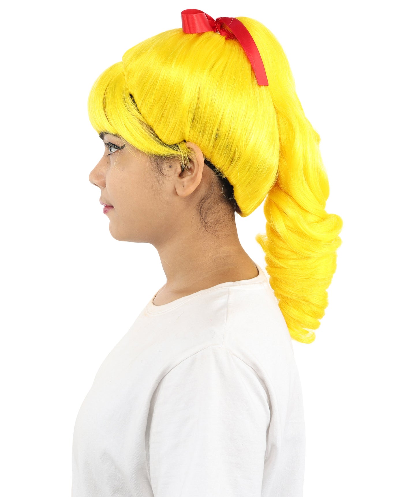 HPO Women's Spiral Ponytail Wig | Multicolor Options | High Updo with Red Ribbon Bow & Bangs, Heat Friendly Synthetic Fiber & Breathable Cap | Halloween, Christmas Event, Themed Party, Theater & Roleplay