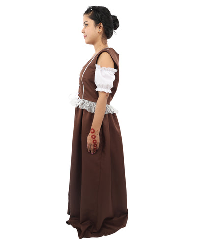 HPO Women’s German Long Dirndl Brown & White Costume – Traditional Bavarian Oktoberfest Dress