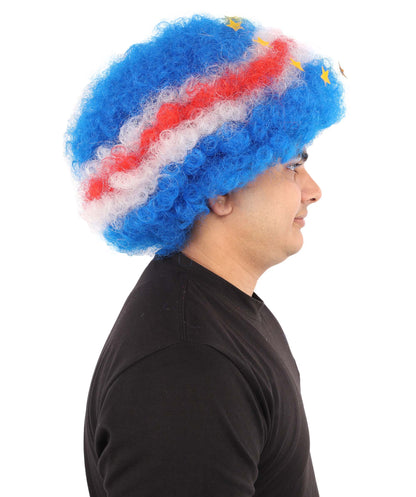 HPO Unisex Cabo Verde Sports Clown Wig – Curly Flag-Themed Wig for Football Fans & Parades  | Synthetic Fiber Headpiece with Standard Cap