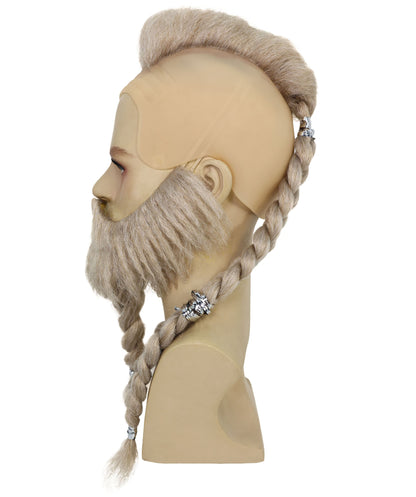 HPO Men's Viking Warrior Wig Mustache & Beard Set | Long Blonde Braided Hair with Mohawk and Tied Beard | Accessories for Halloween Cosplay & Festivals