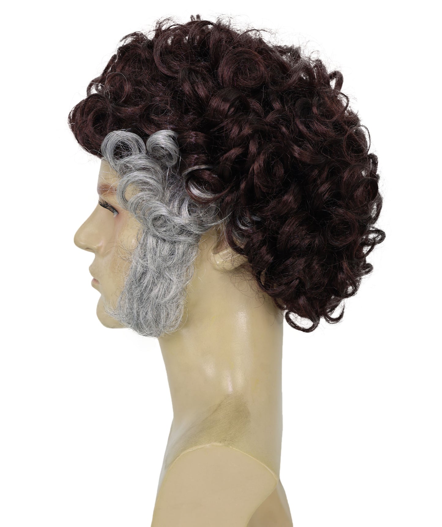 HPO Men’s Brown Curly Retro Wig Set with Grey Sideburns | Funny Pastor Cosplay Hair for Halloween, Cons & Comedy Dress-Up Parties | Capless Cap Design