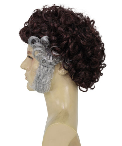 HPO Men’s Brown Curly Retro Wig Set with Grey Sideburns | Funny Pastor Cosplay Hair for Halloween, Cons & Comedy Dress-Up Parties | Capless Cap Design