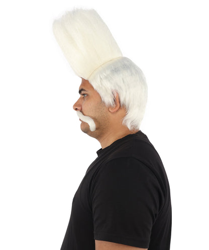 HPO Adult Men's Tall Flat Top Wig and Mustache | Vertical Dark Pompadour with Long Handlebar Facial Hair, Synthetic Fiber & Breathable Net | Halloween, Carnival, Stage Performance & Roleplay