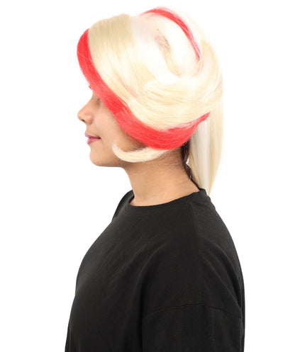 HPO Women's Vibrant Red & Blonde Character Wig | Extra Long Synthetic Hair with Layered Bangs | Adjustable Breathable Cap for Cosplay, Halloween & Stage